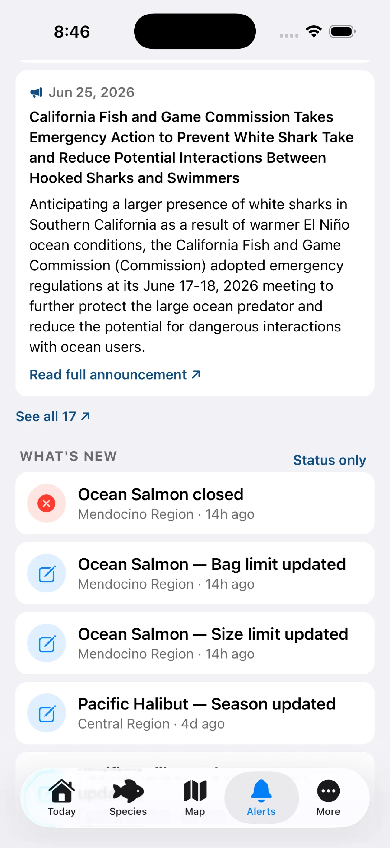 CDFW in-season regulation changes and CDPH health advisories alerts screen in Creel
