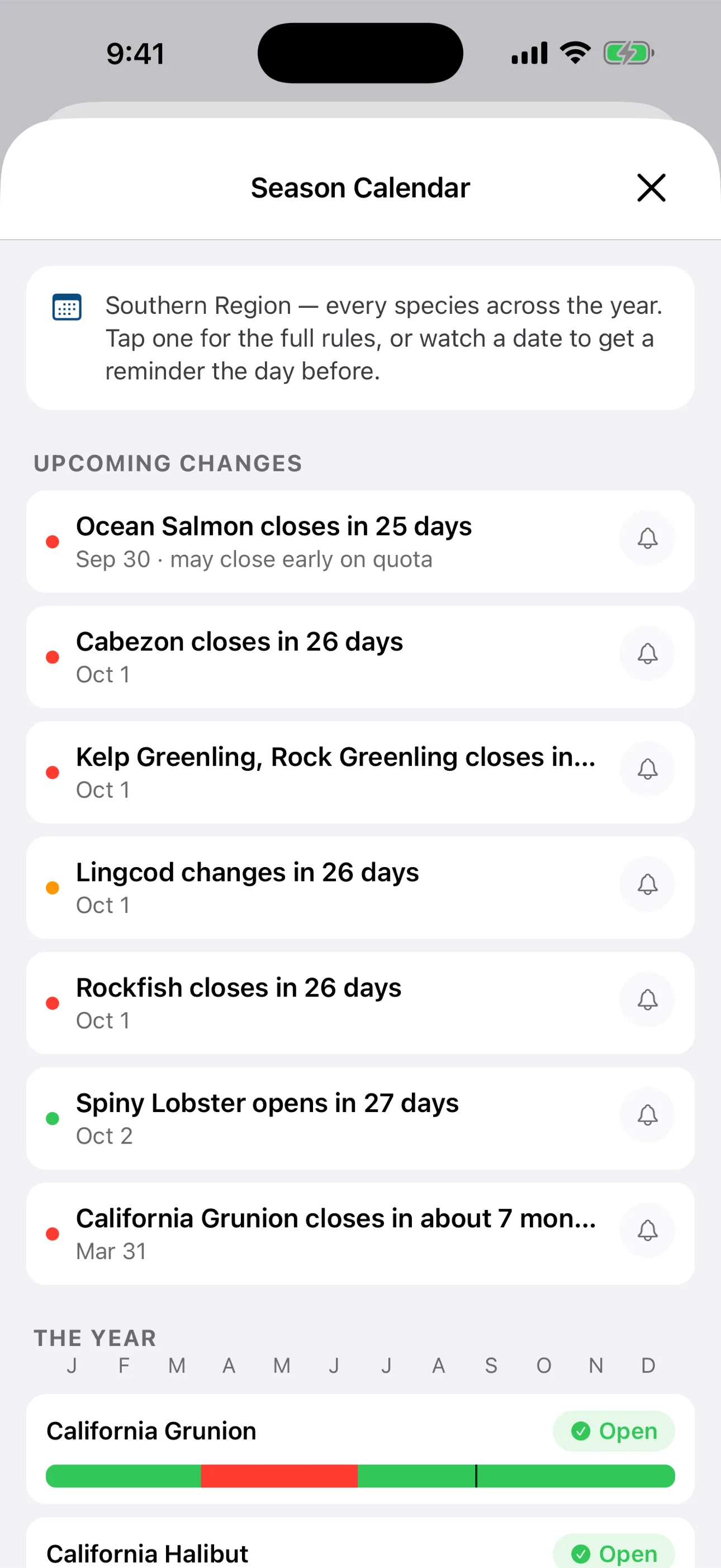 Season calendar in the Creel fishing app listing upcoming California season openings and closures