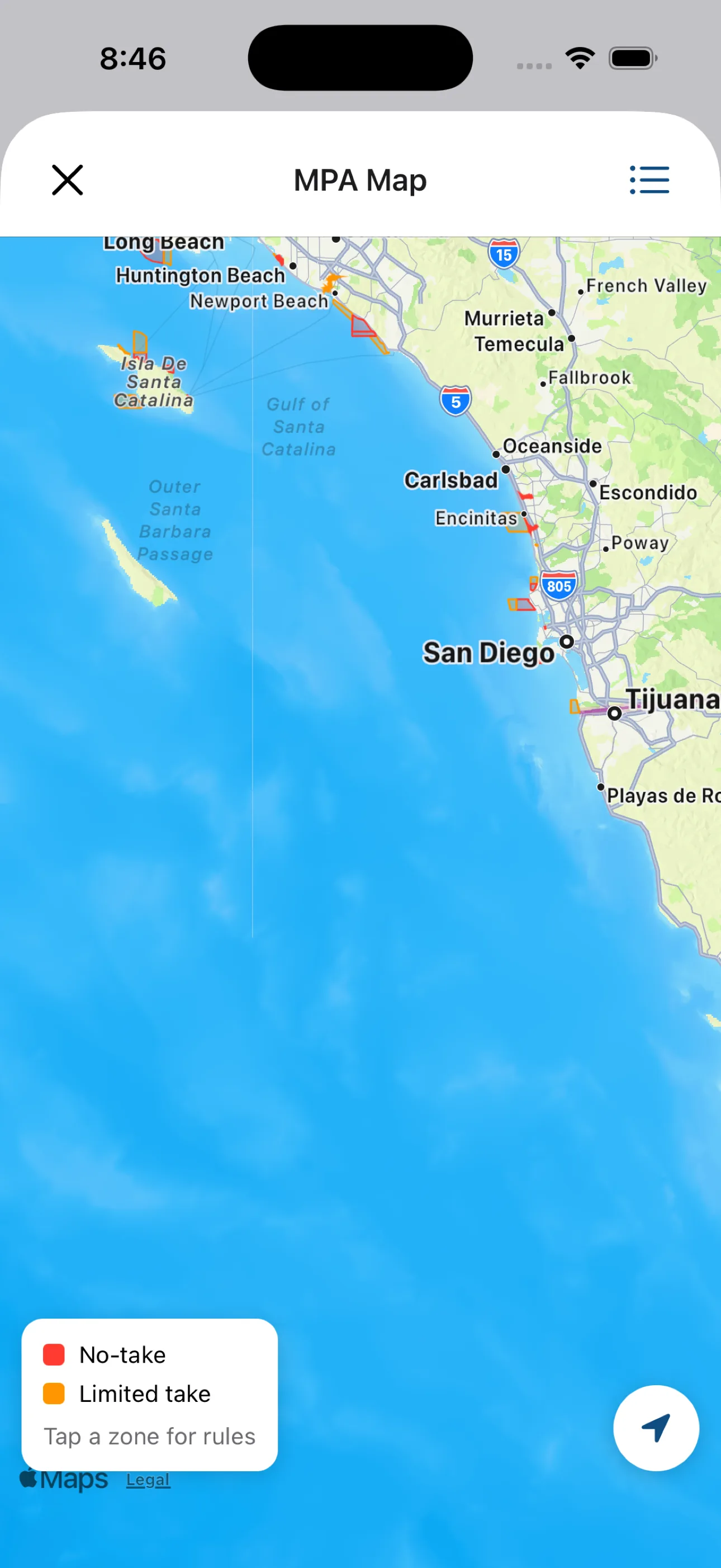 California Marine Protected Areas MPA map in the Creel fishing app