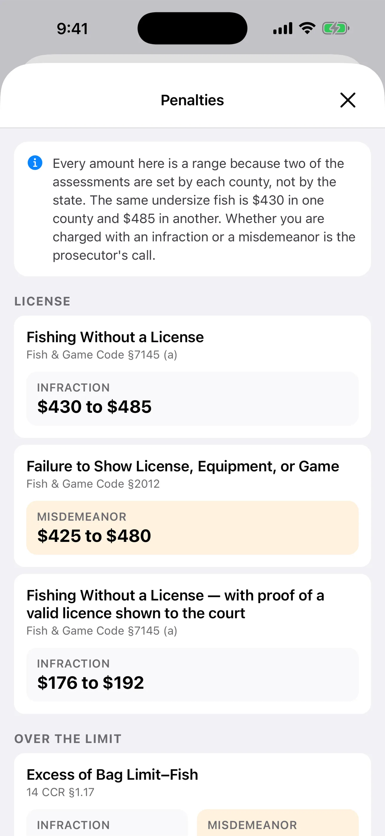 California fishing citation costs by offence in the Creel app, from the Judicial Council bail schedule