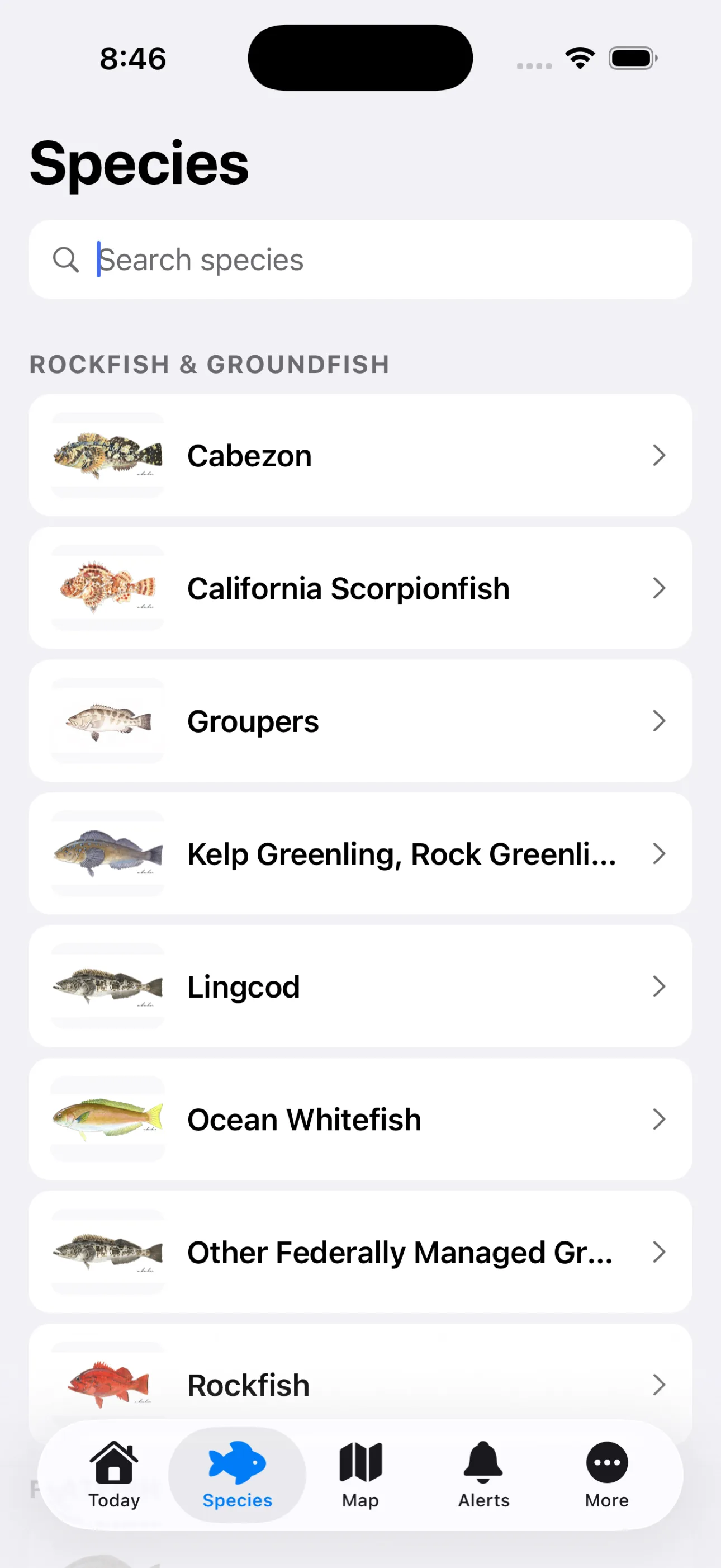 California saltwater species list grouped by open and closed status in the Creel app