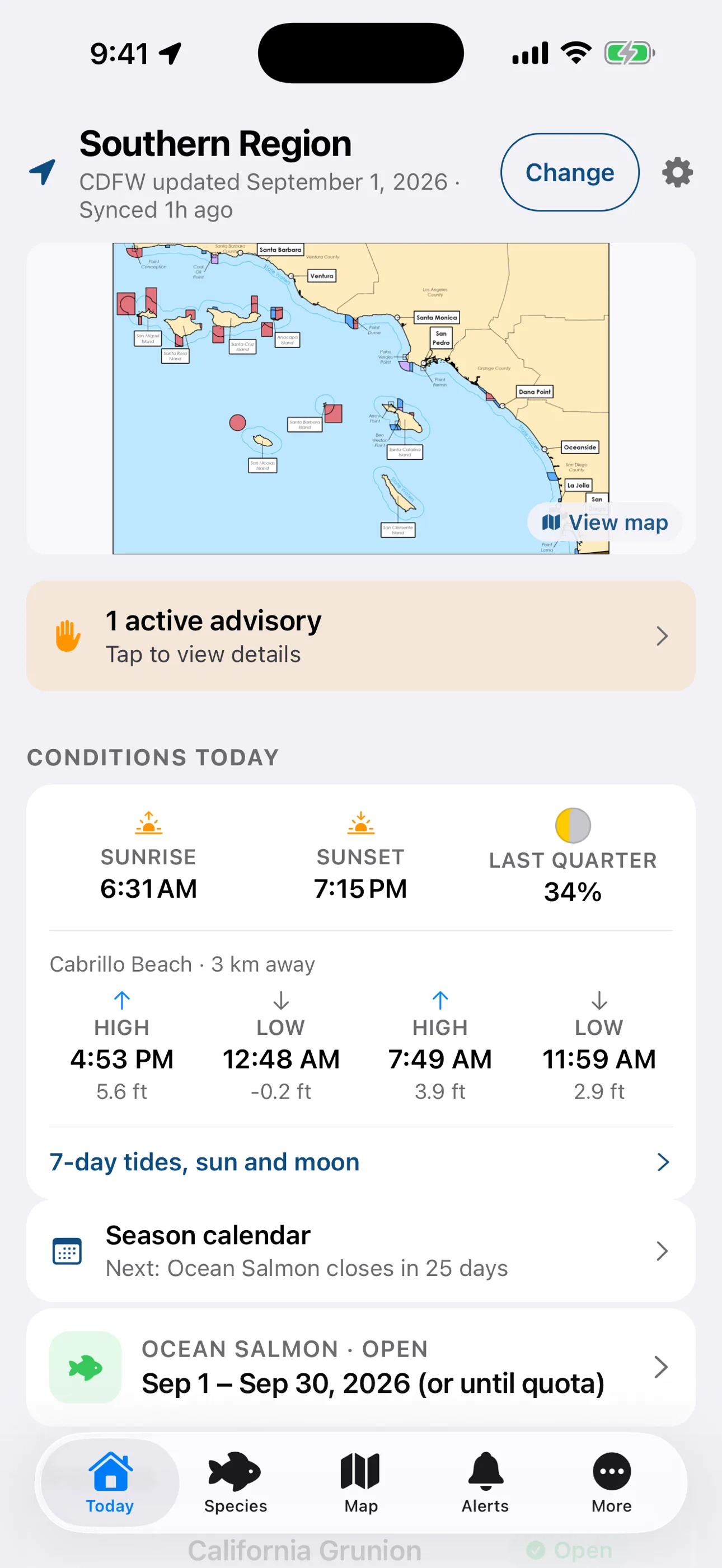 Creel app Today screen with California ocean fishing regulations, tides and moon phase for the Southern Region